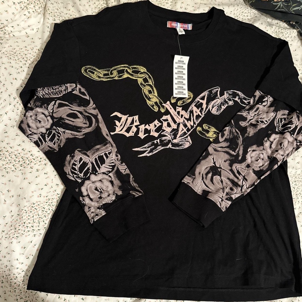 Urban Outfitters Black Long-Sleeve Graphic Tee with Floral Layered Sleeves
